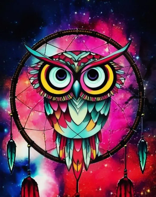 Prompt: A colorful owl is flying, behind which a big eye is looking at him