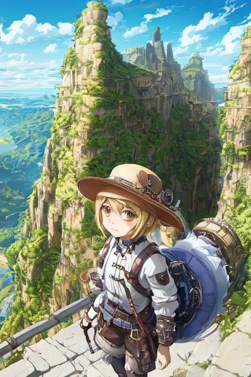 Prompt: Made In Abyss,

masterpiece intricate hyperdetailed best quality flat color pencil sketch 2D 1 anime girl joyful, blonde fluffy short hair, goggles hat, hyperdetailed blue and green steampunk fantasy leather and cotton clothes, hyperdetailed face,

scenic view landscape 2D flat color medieval city on the gigantic abyss hole vector background, action shot, extreme long shot wide view, full frame wide angle,

sunshine, blue sky, cinematic lighting,

precise hard pencil strokes, thick and hard pencil outline,

hyperdetailed 2D vector concept art picture, vector, illustration, character concept,

2D fantasy concept art style, inspired by final fantasy art, adventure, inspiring, colorful, heroic fantasy art,