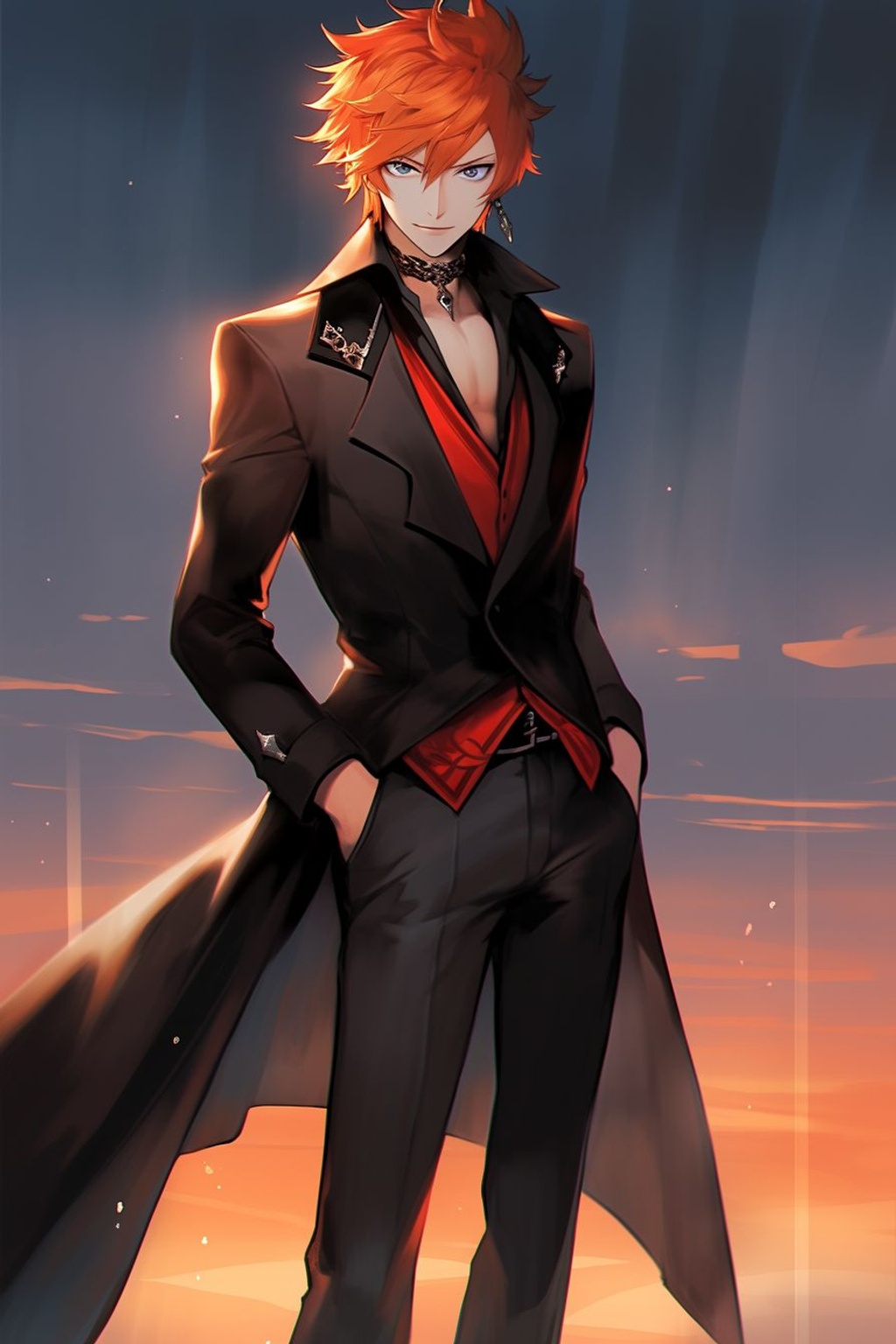 Prompt: Tight black leather pants and shirt, long black trench coat, big thick buckle boots that go to the knee, ginger man with short very messy hair, hair falls between eyes, eyes are bright blue, red gem earing, Alluring looking, flirty, on a beach standing in the ocean tide, sunset, Tartaglia (Genshin Impact) --upbeta --ar 9:16