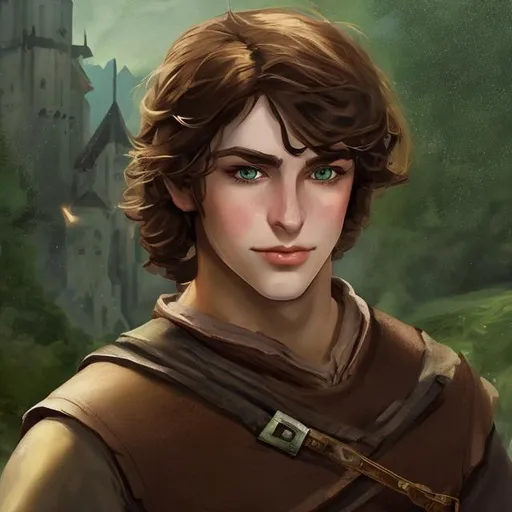 Prompt: fantasy handsome young brunette peasant, leather wrist cuffs
light brown hair
green eyes
mischievous smirk
medieval epic painting

