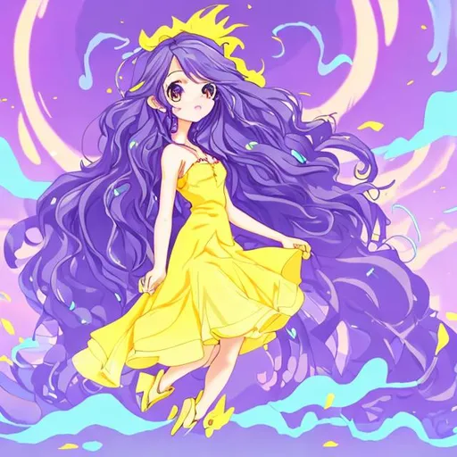 Prompt: super cute anime girl with long wavy blue hair wearing a light purple dress  in yellow  high heels coming out of a firey background
