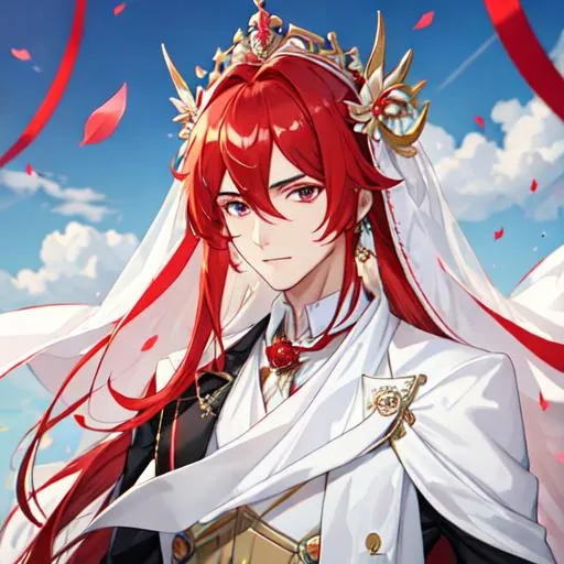 Prompt: Zerif 1male (Red side-swept hair covering his right eye) wearing a royal wedding suit, white shawl, 