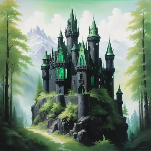 Prompt: A ethereal-looking painting of a glimmering black castle that has large, green-colored glass windows, with a background of soft-looking white forest on a bright day.