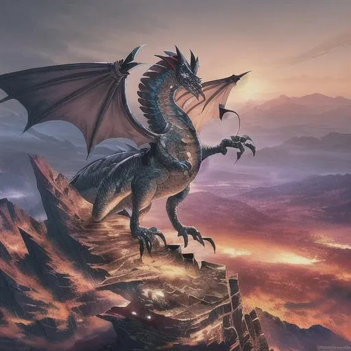 Prompt: Beautifully detailed concept art, A antipodean Opaleye dragon perched atop a mountain peak, surveying its domain, its wings spread wide, intricate scales and horns catching the light, an ethereal aura of power and majesty, Photography, using a wide-angle lens to capture the expansive landscape and the intricate details of the dragon, anime style