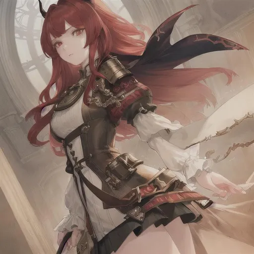 Prompt: masterpiece, illustration, best quality:1.2), 1girl, solo, red hair, dignified , finely detailed, detailed face, beautiful detailed eyes, beautiful detailed shading, beautifully detailed background, surtr, horn, arknights, short black skirt