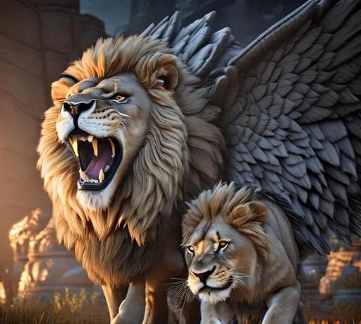 Prompt: lion with 2 magnificent wings ridden by warriors. 3D Game Cinematic Feel, Epic 3D Videogame Graphics, Intricately Detailed, 8K Resolution, Dynamic Lighting, Unreal Engine 5, CryEngine, Trending on ArtStation, HDR, 3D Masterpiece, Unity Render, Perfect Composition
