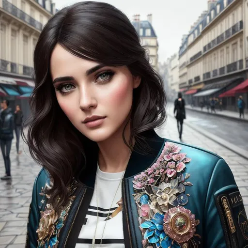 Prompt: Paris street setting, realistic beautiful young woman wearing a graphic bomber jacket, full body,  4K, 8K, photorealistic, Intricately detailed front facing elaborate beautiful intricate glistening face bright eyes painting by Ismail_Inceoglu Tom Bagshaw Dan Witz CGSociety ZBrush Central fantasy art 4K, digital painting, digital illustration, extreme detail, digital art, ultra hd, tumblr aesthetic, hd photography, hyperrealism, extreme long shot, telephoto lens, motion blur, wide angle lens, deep depth of field, warm, anime Character Portrait, Symmetrical, Soft Lighting, Reflective Eyes, Pixar Render, Unreal Engine Cinematic Smooth, Intricate Detail, anime Character Design, Unreal Engine, Beautiful, Tumblr Aesthetic, Hd Photography, Hyperrealism, Beautiful Watercolor Painting, Realistic, Detailed, Painting By Olga Shvartsur, Svetlana Novikova, Fine Art