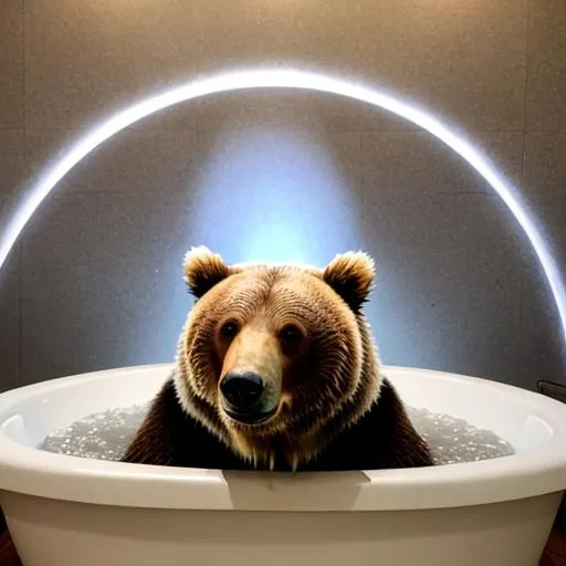 Prompt: Grizzly lying in a bathtub with a halo above his head