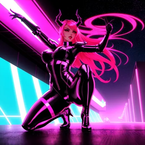 Prompt: a beautiful female demon in a dynamic pose in a retro futuristic synthwave cyberpunk neon paradise.  neon lighting, high quality, beautiful, synthwave, cyber, retro, futuristic