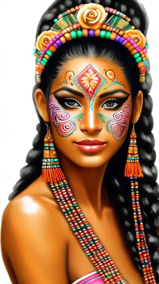 Prompt: Sketch of a mayan woman, beautiful eyeliner and face paint, roses and jade beads