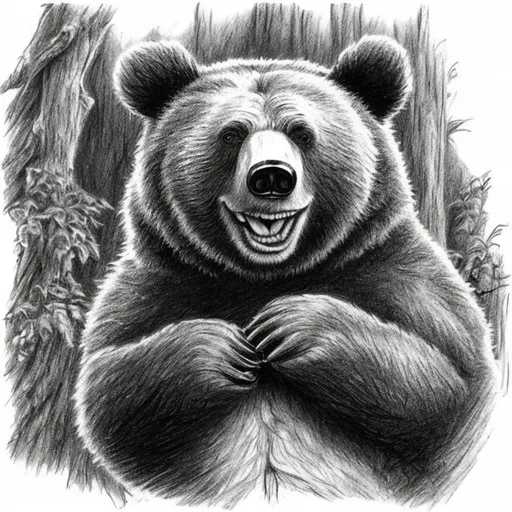 Prompt: a pencil sketch of a bear, smiling, friendly, black and white, no background, in the style of wind in the willows