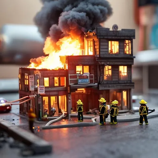 Prompt: building on fire on city street tiny wooden city, fire dept police on scene



