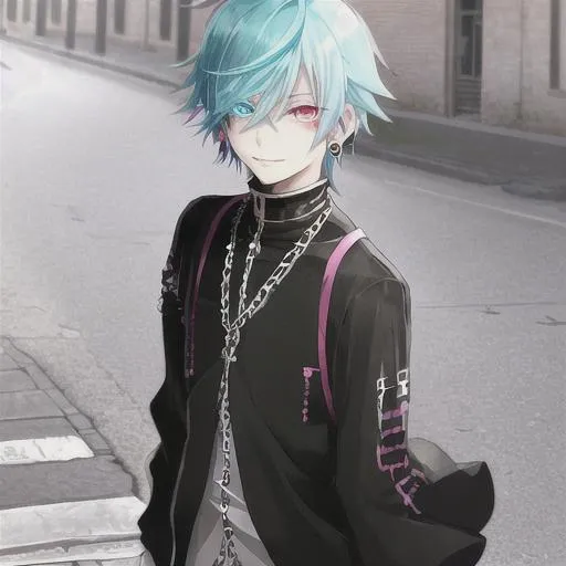 Prompt: feminine anime boy, split-dyed hair, heterochromia, cute eyes, small smile, in the street, pretty, suicide boy, earrings, chains