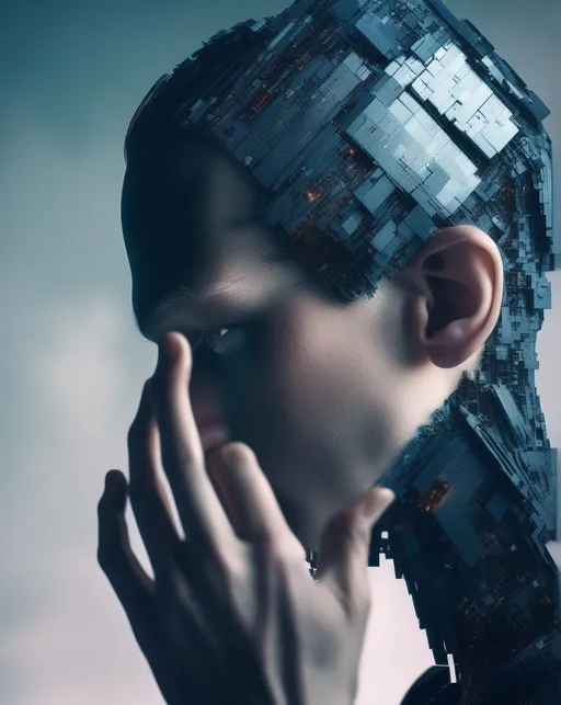 Prompt: A surreal digital distortion reveals the edges of reality pixelating into a void behind a pensive android holding a hand to its face. Shot with a 85mm lens and Photoshop manipulation. The mood is uneasy, questioning, technological. In the style of digital dystopian art.