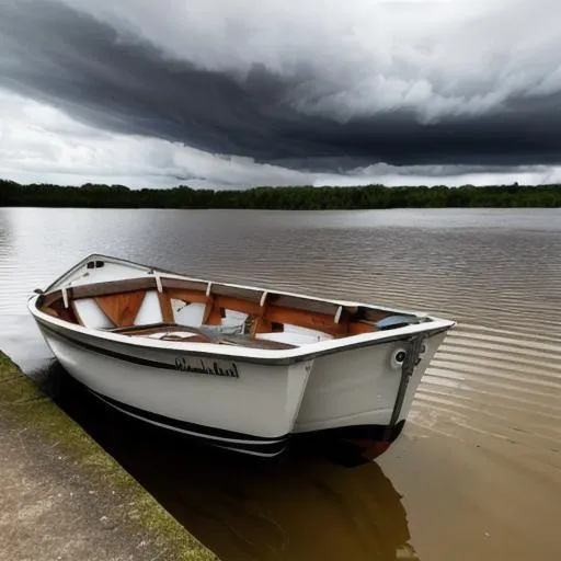 Prompt: a small boat sitting at the water's edge of a river with storm clouds in the distance