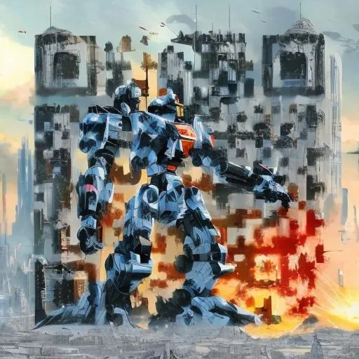 Prompt: masterpiece, best quality, mecha, no humans, black armor, blue eyes, science fiction, fire, laser canon beam, war, conflict, destroyed city background