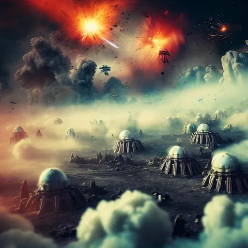 Prompt: spacecraft invasion of planet, war with other spacecraft, angels and demons fighting, dust, smoke, fire, foggy and abstract, explosions