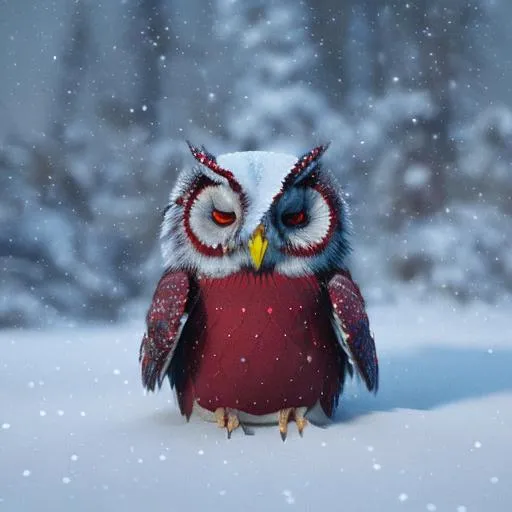 Prompt: owl, tundra biome, rasberry red, snowing