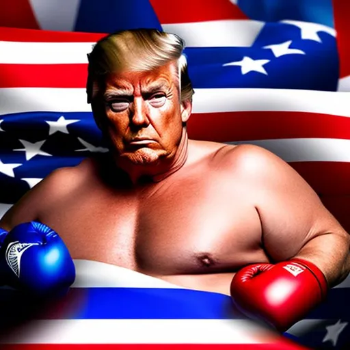 Prompt: Photorealistic, Donald Trump as a fat,weak, boxer with fat, overweight look, no shirt, boxing gloves on, elements of American flag in the background, Donald Trump , boxer, 