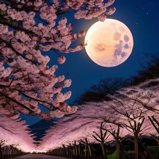 Prompt: Japanese sakura tree and a field of flowers in the night moon
