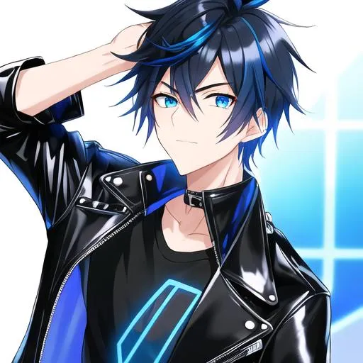 Prompt: Tetsu 1male. Short black hair with vibrant streaks of electric blue, that gives off an eye-catching look. Soft and mesmerizing blue eyes. Wearing a black leather jacket with a dark gray t-shirt underneath that adds a subtle contrast to the outfit. Cool and edgy, black skinny jeans. Holding a camera. UHD, 8K