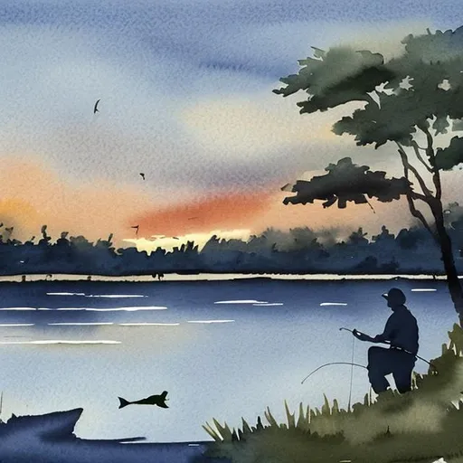Prompt: Fishing on a Lagoon on Dusk in Watercolor