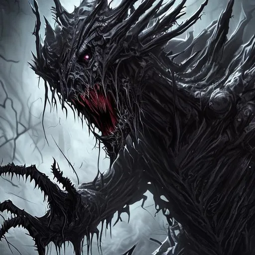 Prompt: Very dark nightmare creature with detailed designs and many sharp needle like teeth and huge mouth dark eyes that have a void in them with long skinny arms and sharp long fingers and pale skin and a haunting face 