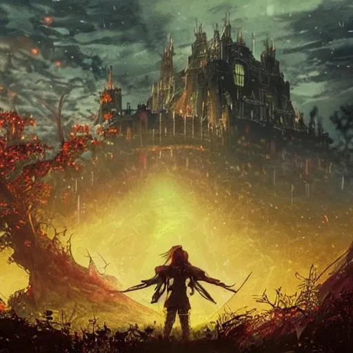 Prompt: The large world of Elden Ring, in the background on the side shows the World Tree glowing yellow/red hue, the sky has a greenish tint, in the middle foreground is a large, complex and decaying castle. Closer to us is a knight kneeling near a small glowing shrine. All of this is overseeing the world of Elden Ring and zoomed out over a large landscape with a gothic art style
