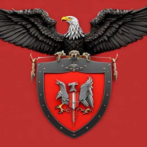 Prompt: Generate a coat of arms on a red background with a red shield, upon which a black eagle with red eyes is depicted, pierced by swords