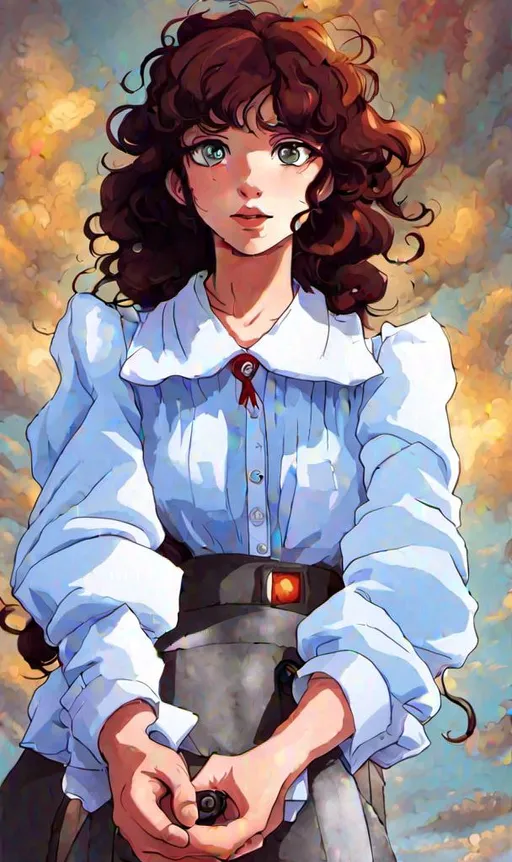 Prompt: Nyssa of Traken from Doctor Who with curly brown hair, in a japanese school uniform, by Hayao Miyazaki