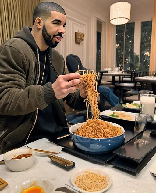 Prompt: Drake eats lo mein