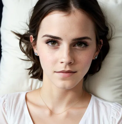 Prompt: Mascare, Emma watson, raw photo, dark hair, pillow, beautiful girl, flirty, HD, ultra realistic, face only