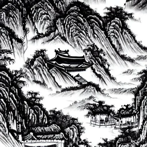 Prompt: Chinese ancient temple on a mountain, fantasy, in black and white Chinese ink-wash painting. like Along the River During the Qingming Festival painting's style

