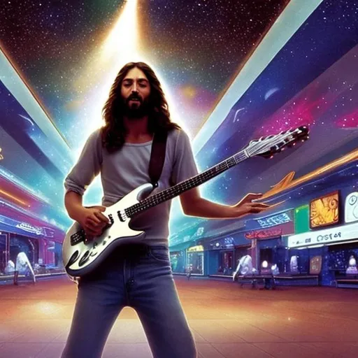 Prompt: Jesus playing guitar in a busy alien mall, widescreen, infinity vanishing point, galaxy background, surprise easter egg