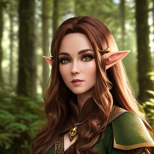 Prompt: D&d female elf, brown long hair, in the forest, highly detailed, professional, render, Sharp focus, HD, UHD, HDR, hyperrealistic 