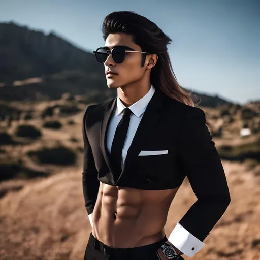 Prompt: an attractive long-haired 20-years old man with a six pack abs and glasses wearing a crop top black suit and tie with black suit pants, standing, with his hands on his hips, sideview, sky background 