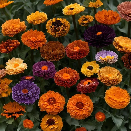 Prompt: dark purple, brown, red, yellow, and orange calendula flowers