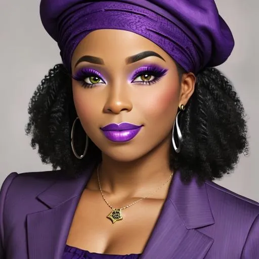 Prompt: A  african-american woman all in purple, pretty makeup, wearing a purple beret