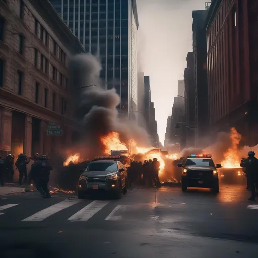 Prompt:  Riots in streets of New York, Hyperrealistic, sharp focus, Professional, UHD, HDR, 8K, Render, electronic, dramatic, vivid, pressure, stress, nervous vibe, loud, tension, traumatic, dark, cataclysmic, violent, fighting, Epic