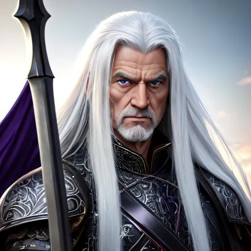 Prompt: 
Full body Portrait of man with long white hair and with stern face, black armor, holding spear, purple cloth, in a castle, perfect composition, hyperrealistic, super detailed, 8k, high quality, trending art, trending on artstation, sharp focus, intricate details, highly detailed, attacking, bat wings, perfect face, beautiful face, dark skin, pointy ears, illustrated