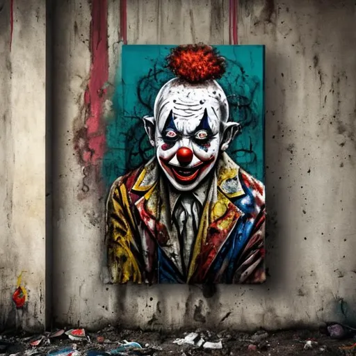 Prompt: A painting of a clown in a circus. grungy, abandoned, apocalyptic, street art