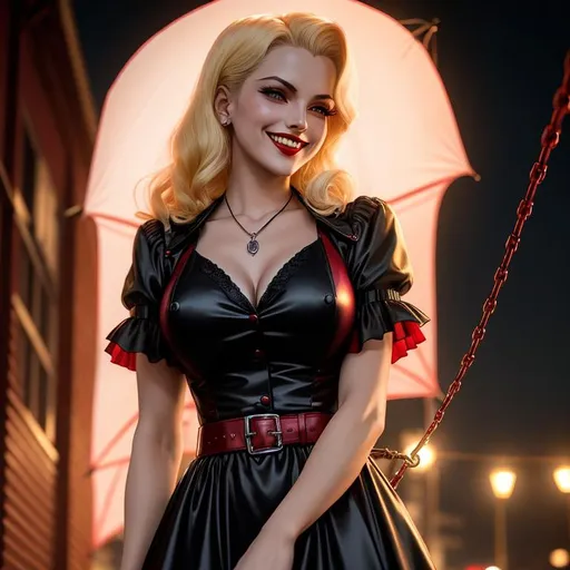 Prompt: Female vampire inspired by Alucard from Hellsing, 1950's housewife, wearing Short Sleeve polka dot Swing Dress, short blonde hair with red ombre, she is looking down at the viewer, vampire the masquerade, detailed symmetrical face, attractive face, full body picture, grin showing perfect teeth, cyberpunk night time style background, well lit by street lights, vampire, Clan Tremere