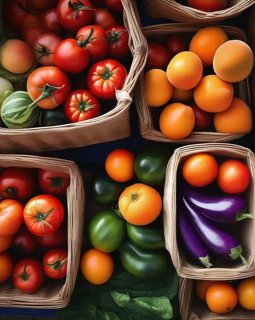 Prompt: A still life image showcasing the bountiful variety of organic produce at a farmers market stand on a sunny summer day. Vibrant red tomatoes, dark purple eggplants, rainbow Swiss chard, oranges and peaches spilling out of baskets. Shot from above with natural soft lighting to accentuate the textures and colors. The scene conveys the simple joy of fresh locally-grown food. In the style of food photographer Erika Follansbee. 