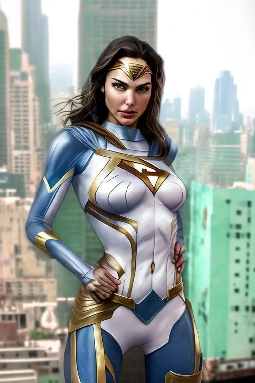 Prompt: Gal gadot as a super powergirl, white tight powergirl suit, cinematic, hyperrealistic, 3d rendering, stunning beautiful, high detail cloth, face focus, chaos city background