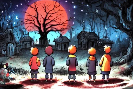 Prompt: 4 kids in a village, looking at a haunted tree, at night
