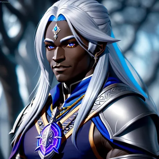 Prompt: A hyper detailed image of (half-drow male), (Paizo Pathfinder), happy, standing, on Isstvan IV, hyper detailed hair, hyper detailed face, hyper detailed body, hyper detailed scene, bright lighting, 8k resolution, perfect composition, super detailed, 8k, high quality, sharp focus, intricate detail, full body view