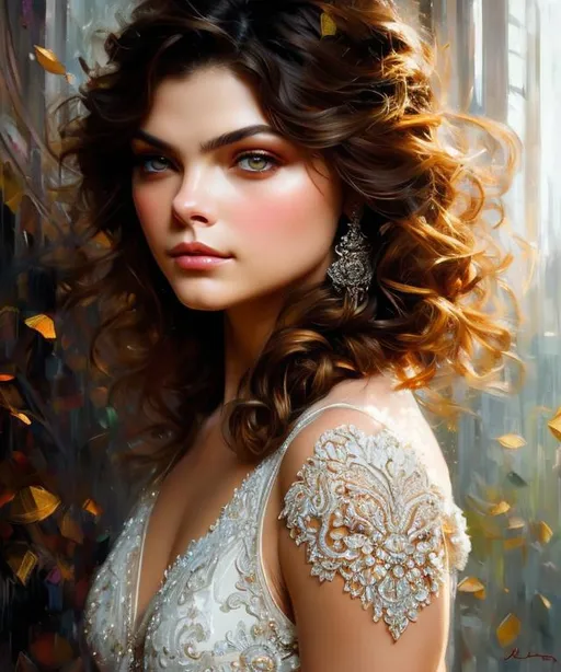 Prompt: Intricately detailed head and shoulders portrait of beautiful girl, Julia Voth Camren Bicondova, By David Kassan, By Ruan Jia, Cover art, maximalism, delicate, Romantic, Oil painting, Complimentary colors,