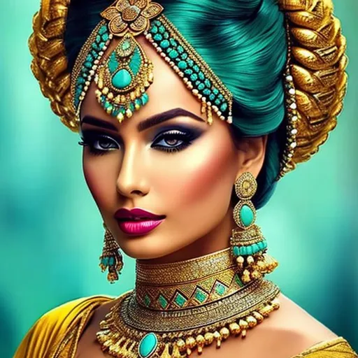 Prompt: An extremely gorgeous woman,  with top knots full of turquoise jewels, in color scheme of turquoise and gold