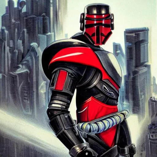 Prompt:  Hyper realistic urban Superhero, with a high tech Costume Design based on Samurai armor above the waist, primarily black with Red trim, below the waist is enclosed in a Flying wheeled armored-cart, shaped like a Star Wars snow speeder. He is flying above a downtown cityscape. Highly detailed and futuristic. Body-builder sized chest and arms. With the initials “JP” on his Chest shield, and with a yellow lightsaber.
