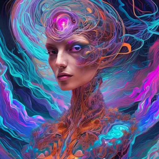 Prompt: Imagine an AI-generated full-body portrait of a woman from an otherworldly viewpoint, blending elements of fantasy and reality, showcasing her as a powerful and enigmatic being, surrounded by mesmerizing colors and unique symbolism